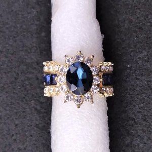 Brand New Luxury Midnight Blue Oval & White Stones in Gold Colored Ring - Size 7